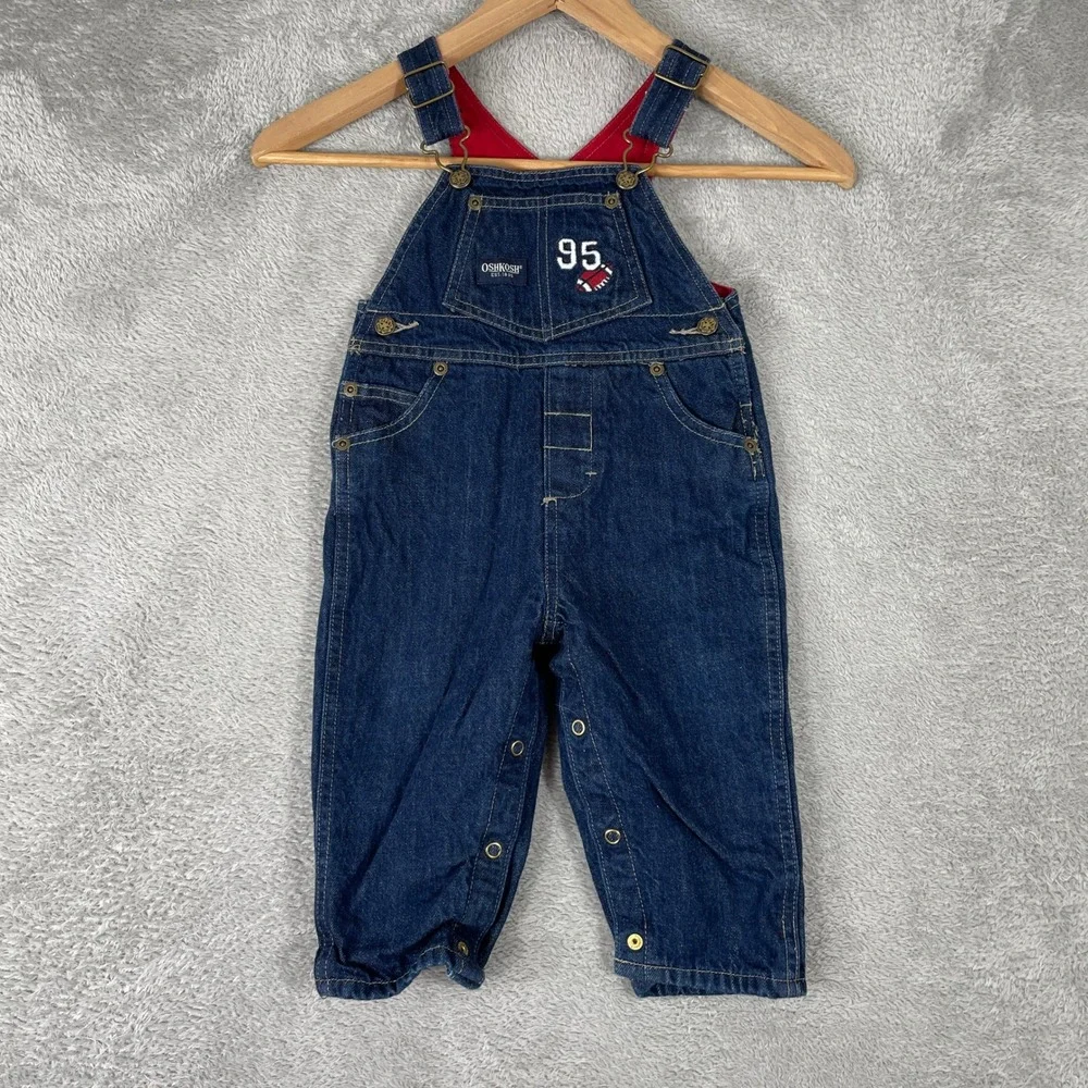 Vintage OshKosh Denim Overalls Kids 12 Months Blue Football‎ Owl Jersey Lined
